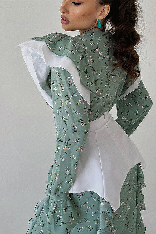 Belted Long Sleeve Casual Floral Dress