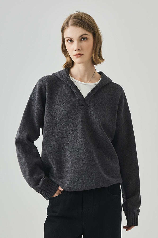 Slouchy V Neck Hooded Sweater