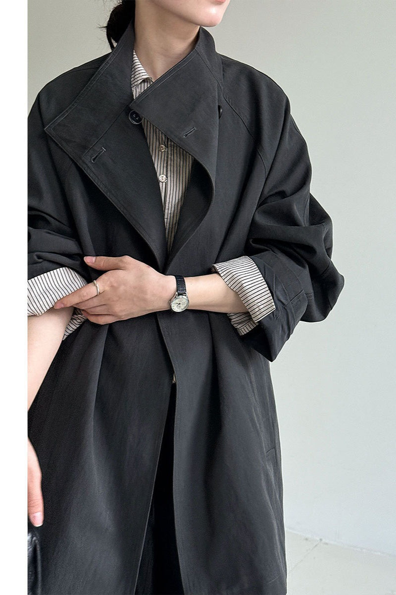 British Style Stand Collar Belted Mid Trench Coat