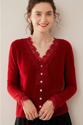 Cashmere Lace-Edge V-Neck Knit Cardigan