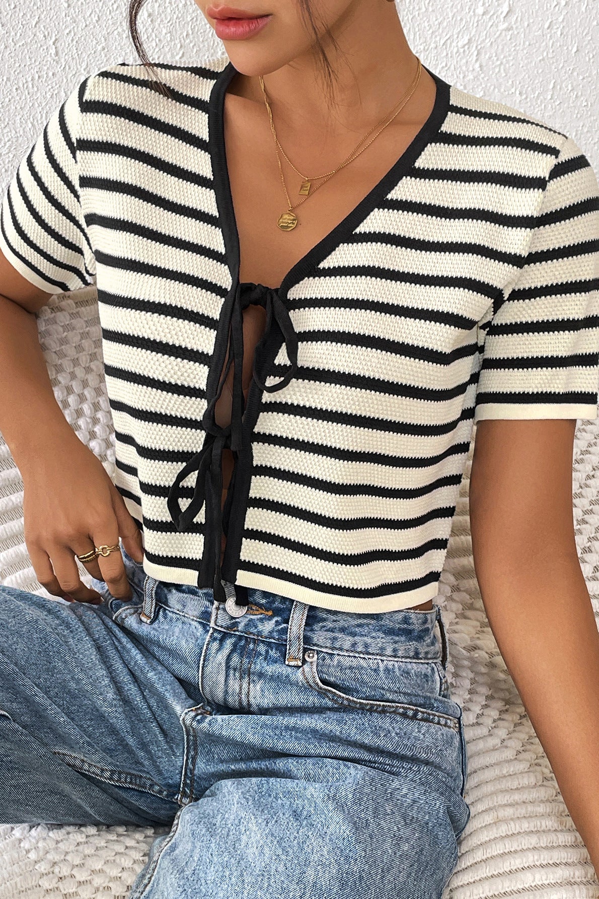 Striped Front-Tie Knit Short Sleeve Cardigan