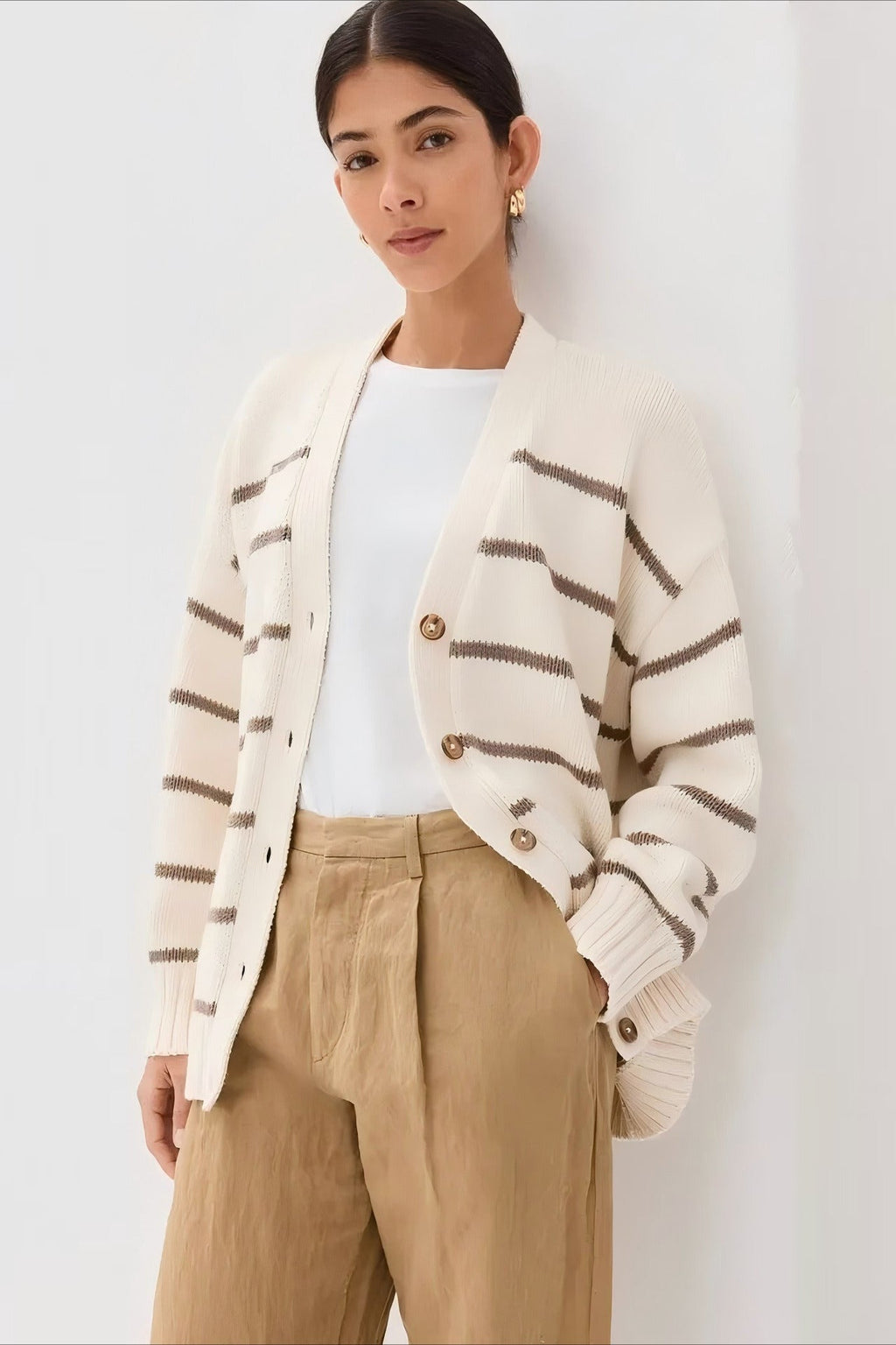 Flowy Striped V-Neck Casual Knit Cardigan