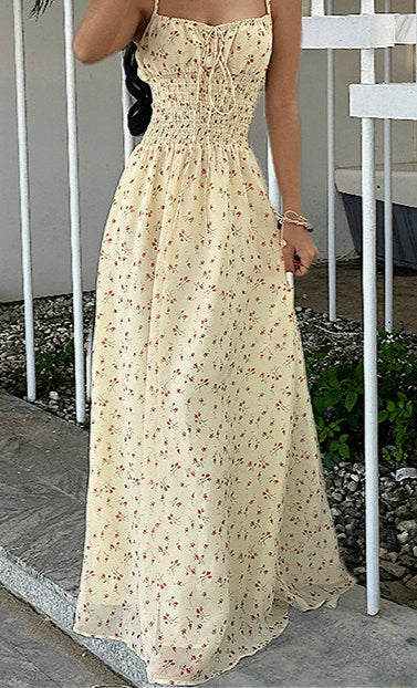 Alluring Smocked V Neck A Line Maxi Floral Dress