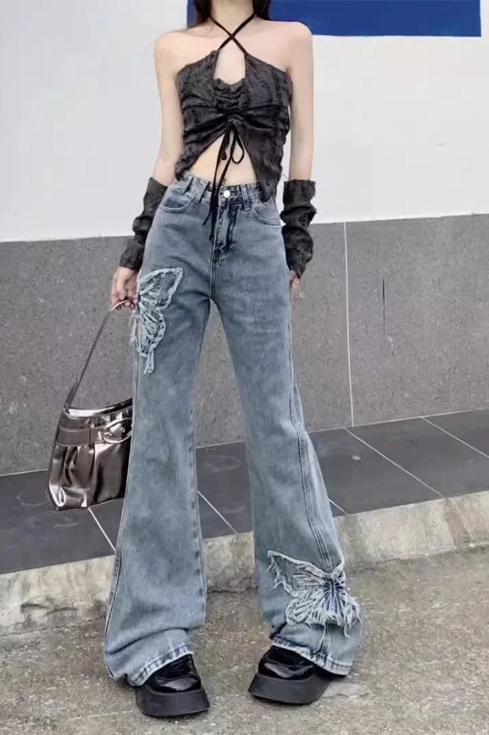 Washed Butterfly Embroidered Flare Jean