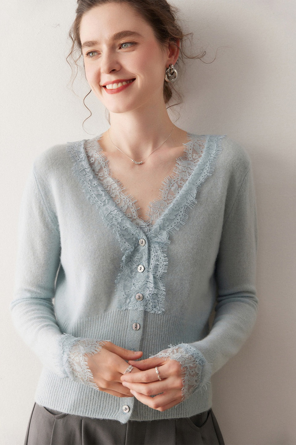 Cashmere Lace-Edge V-Neck Knit Cardigan