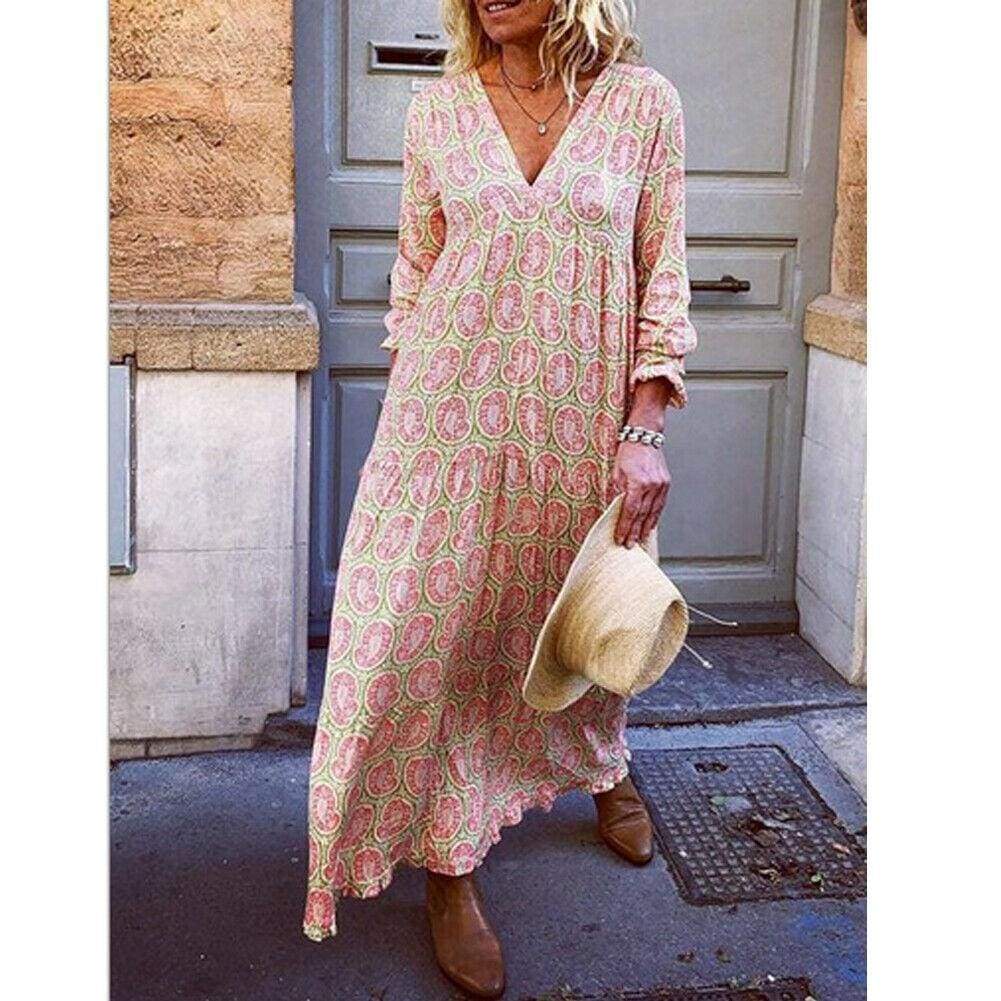 Boho Floral Deep V-Neck Elegant Maxi Dress