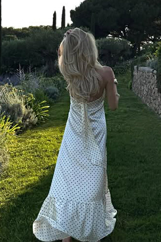 Polka Dot Satin Open Back Maxi Dress