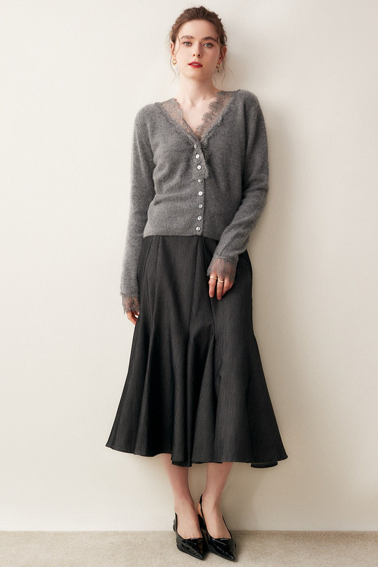 Cashmere Lace-Edge V-Neck Knit Cardigan