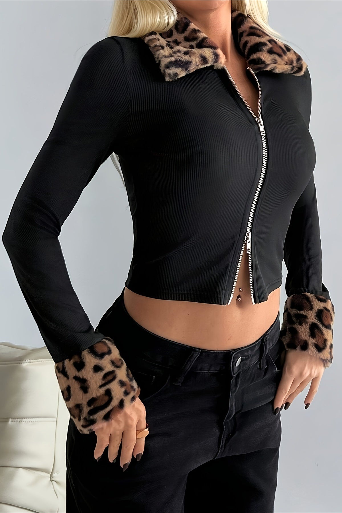 Fur Collar Leopard Print Double Zipper Coat