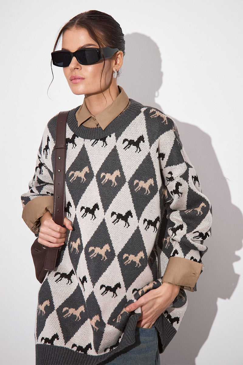 Relaxed Horse Graphic Pullover Sweater