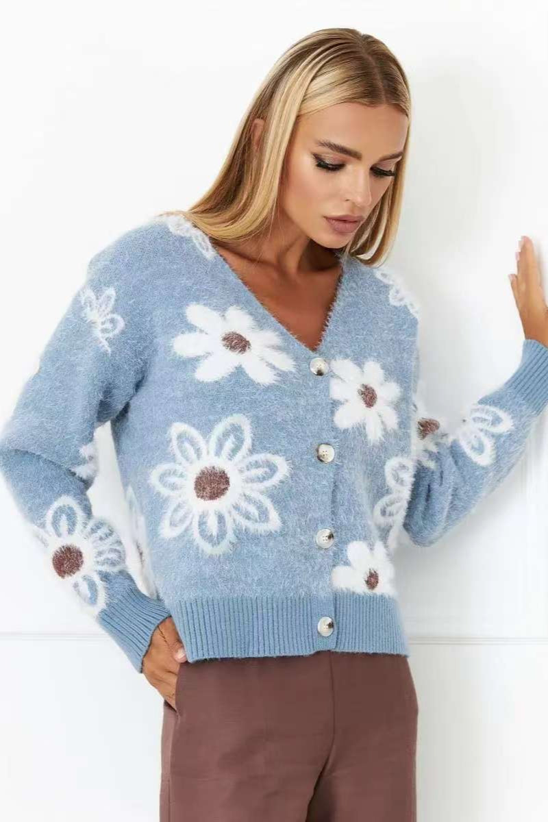 Floral V-Neck Knit Long Sleeve Cardigan