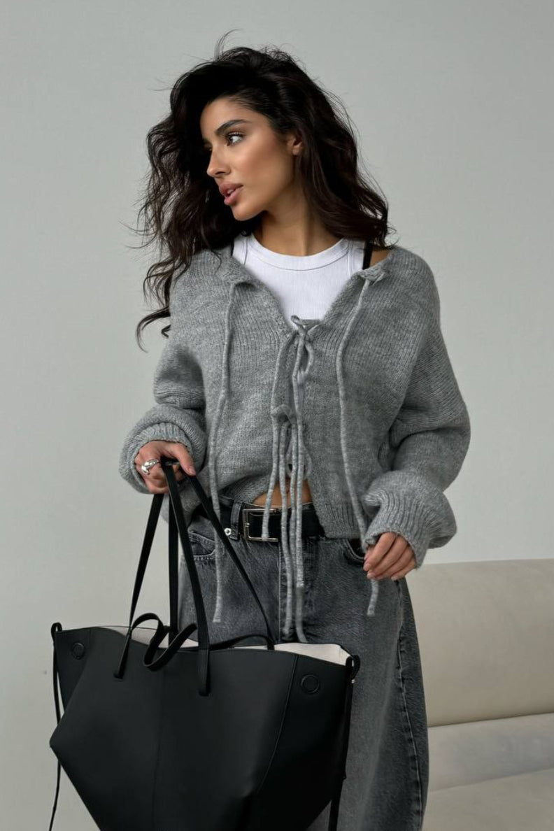 Plain Bow Tie Long Sleeve Knit Cardigan