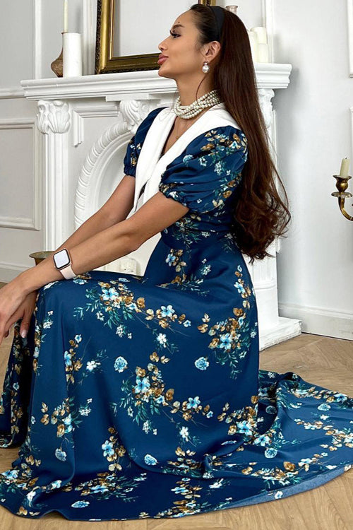 Doll Collar Short Sleeve Blue French Floral Dress