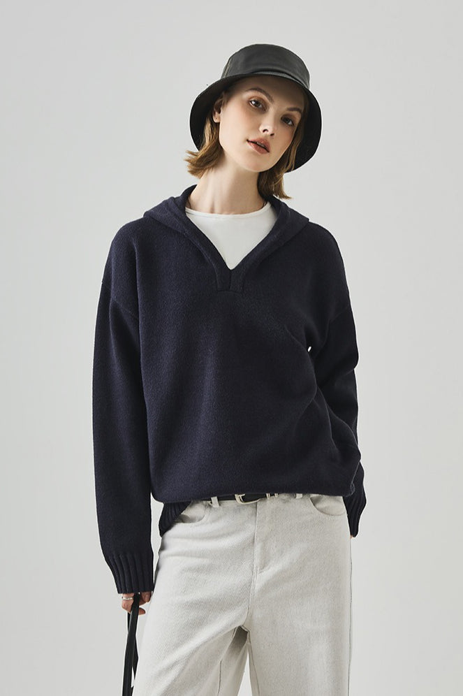 Slouchy V Neck Hooded Sweater