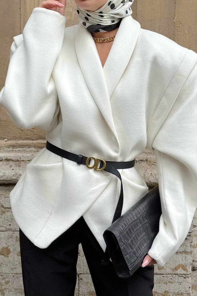 White Wool Thickened Belted Collar Mid Coat