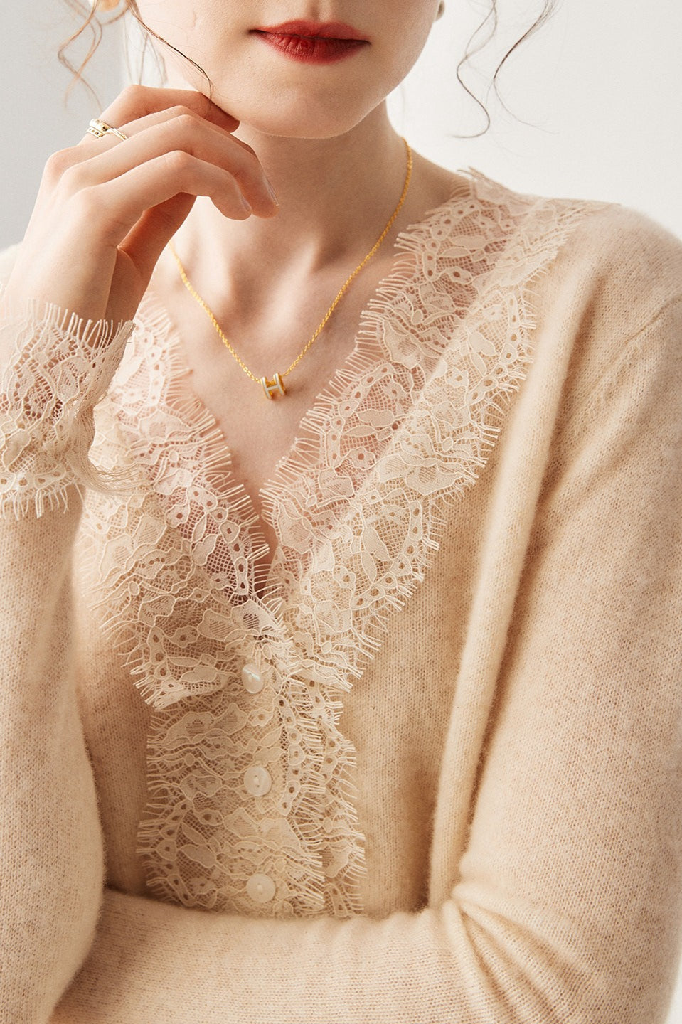 Cashmere Lace-Edge V-Neck Knit Cardigan