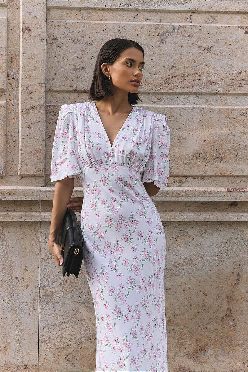 V Neck High Waist Short Sleeve Floral Dress