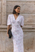 V Neck High Waist Short Sleeve Floral Dress