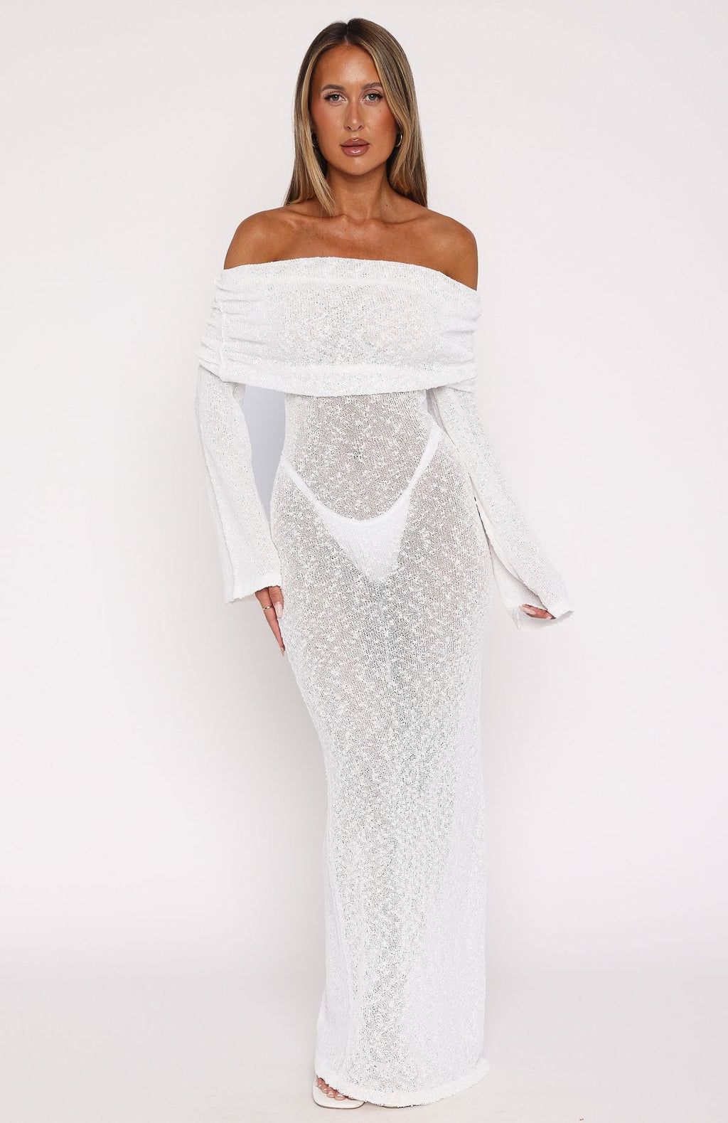 White Boucle Textured Long Sleeve Maxi Dress