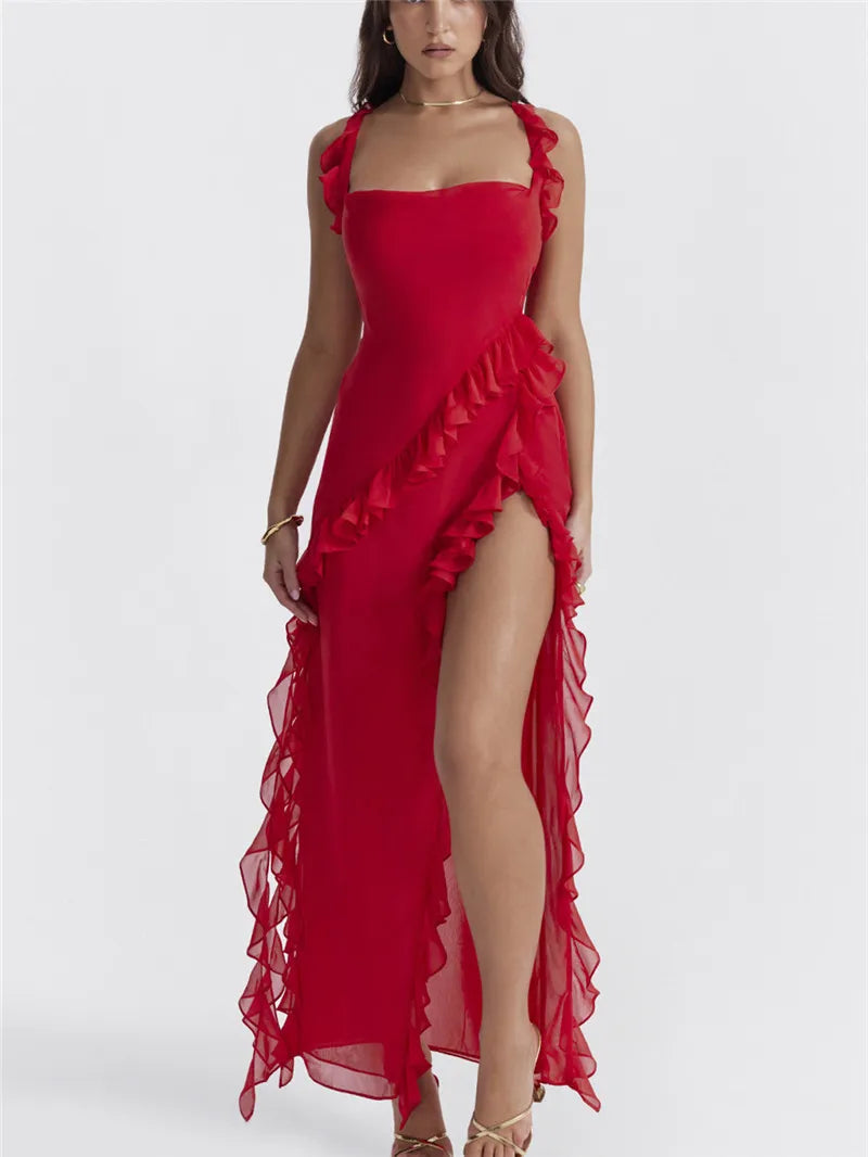 Ruffle Solid Color High Split Party Cocktail Maxi Dress