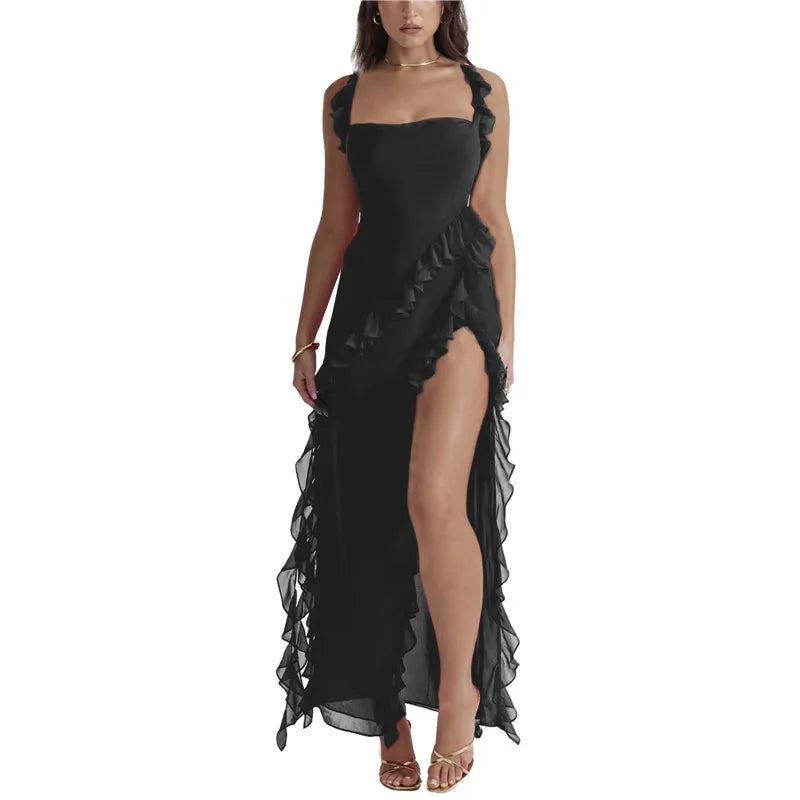 Ruffle Solid Color High Split Party Cocktail Maxi Dress