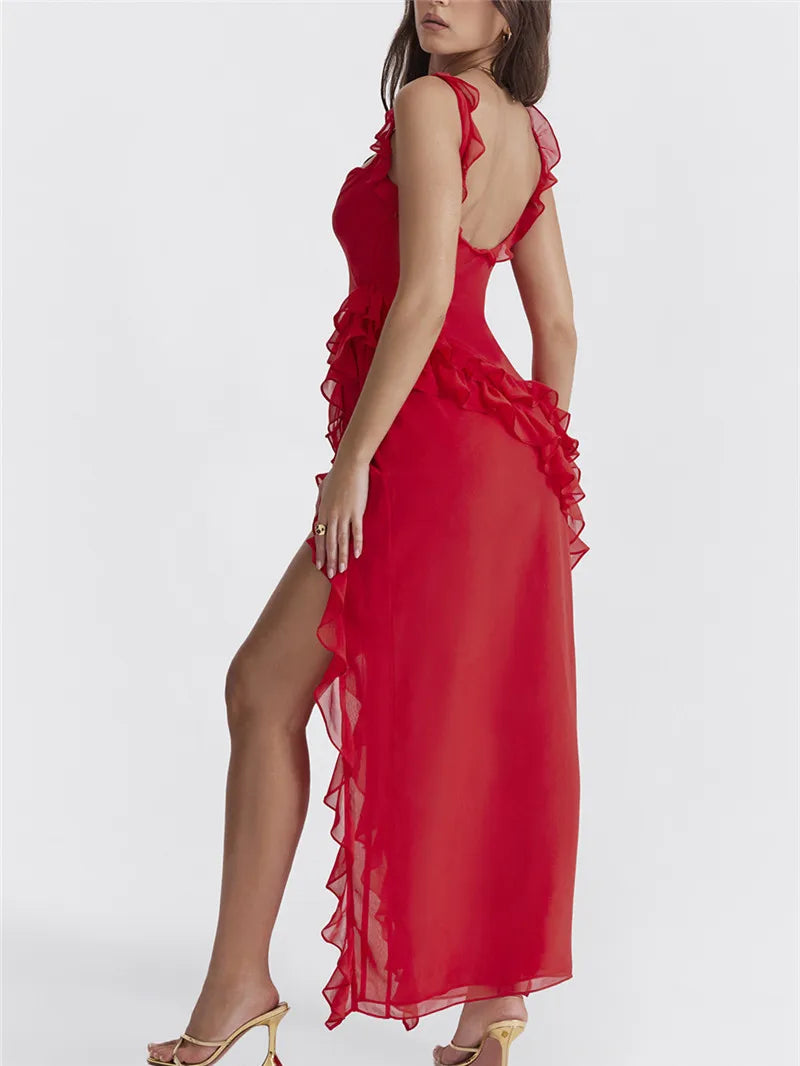 Ruffle Solid Color High Split Party Cocktail Maxi Dress