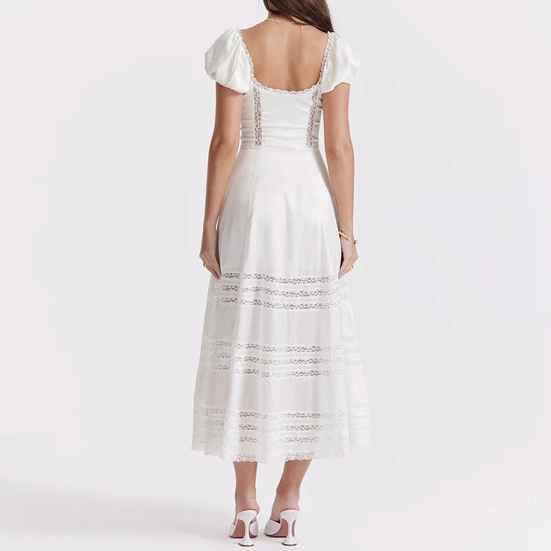 Lace Trim A-Line Square Collar Puff Sleeve Maxi Dress