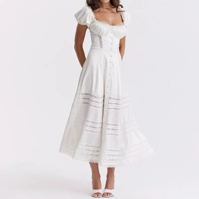 Lace Trim A-Line Square Collar Puff Sleeve Maxi Dress