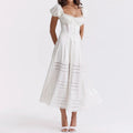 Lace Trim A-Line Square Collar Puff Sleeve Maxi Dress