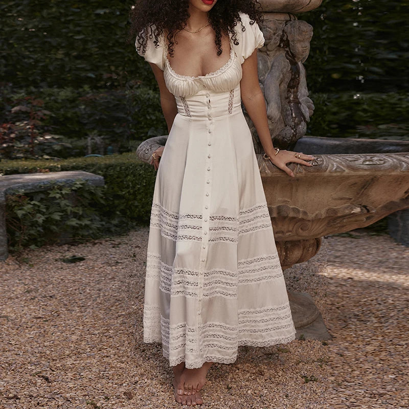 Lace Trim A-Line Square Collar Puff Sleeve Maxi Dress
