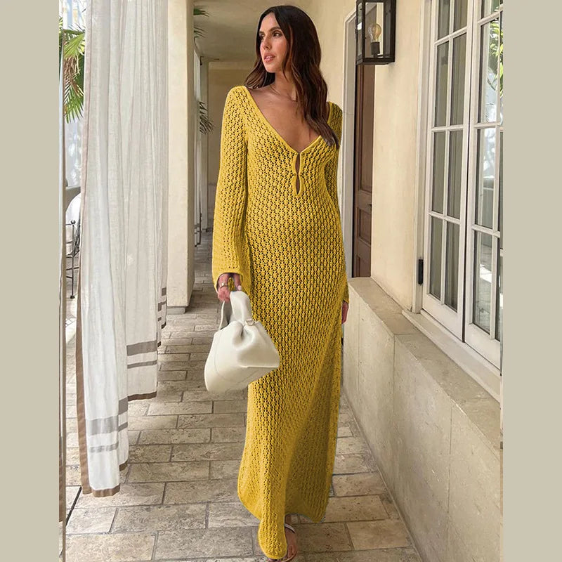 Hollow Out Knitted Backless V Neck Summer Maxi Dress