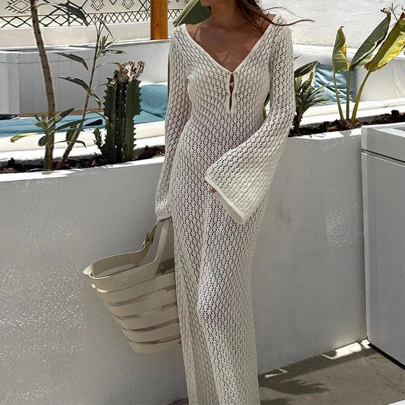 Hollow Out Knitted Backless V Neck Summer Maxi Dress