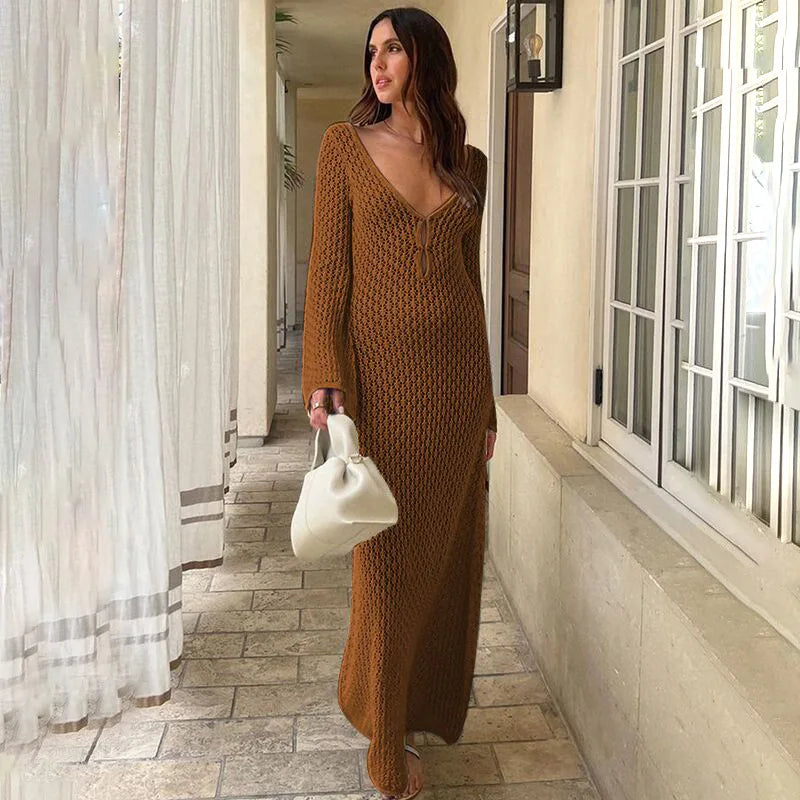 Hollow Out Knitted Backless V Neck Summer Maxi Dress