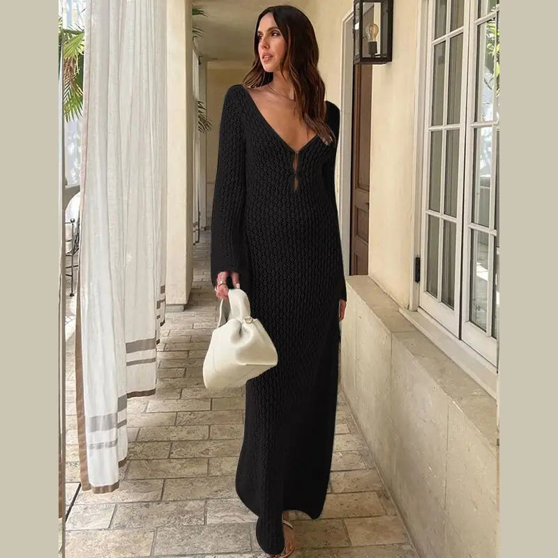 Hollow Out Knitted Backless V Neck Summer Maxi Dress
