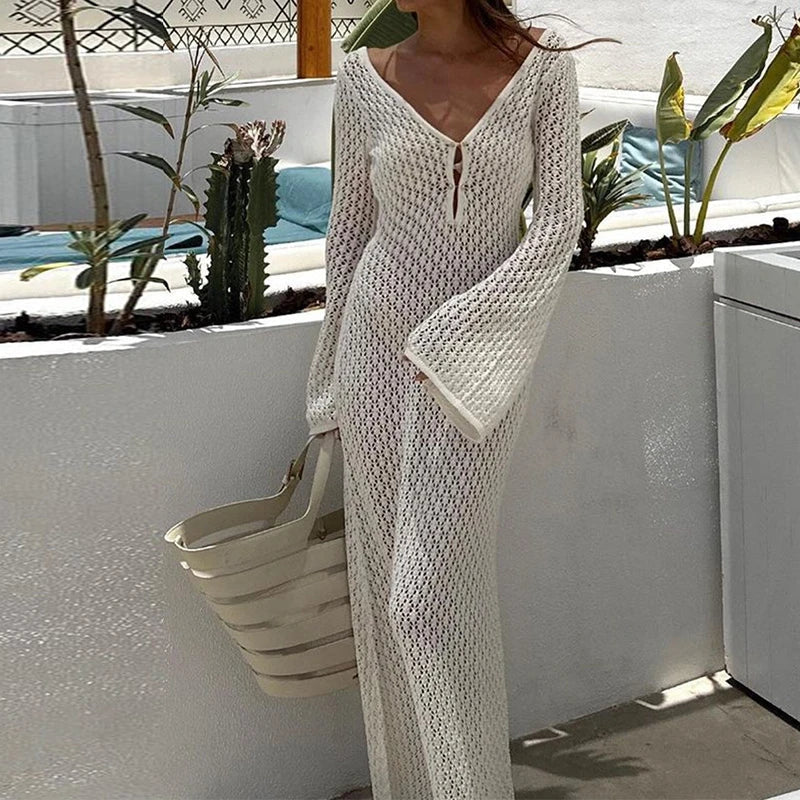 Hollow Out Knitted Backless V Neck Summer Maxi Dress