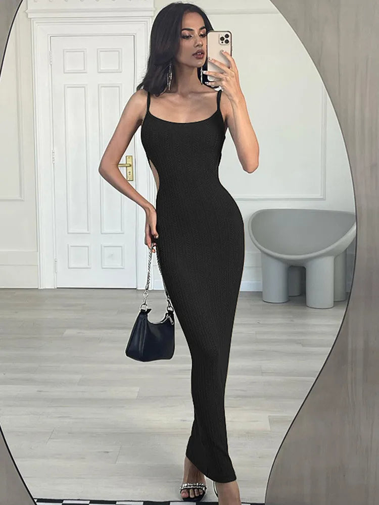 Skinny Bodycon Side Cut Out Spaghetti Strap Maxi Dress
