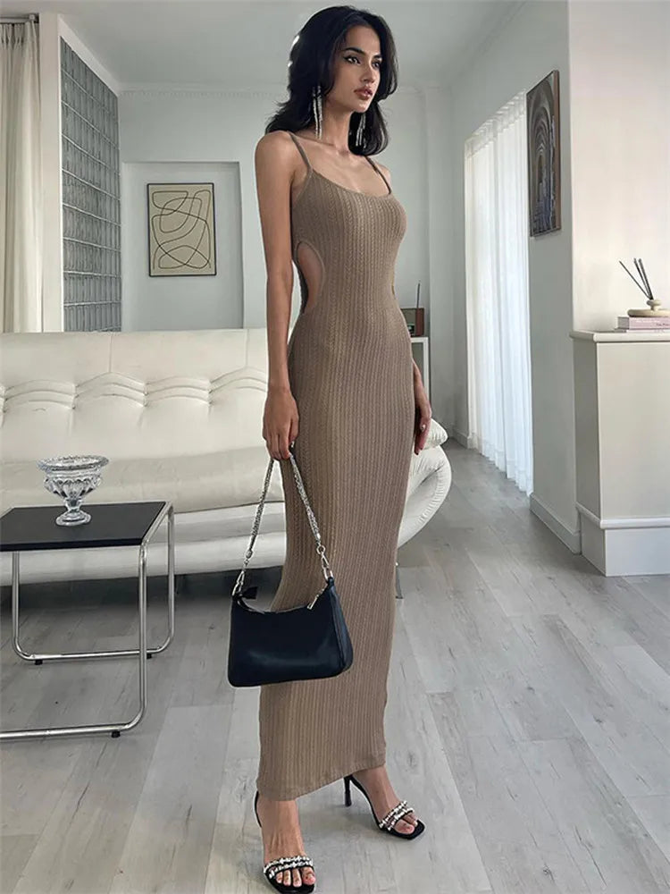 Skinny Bodycon Side Cut Out Spaghetti Strap Maxi Dress