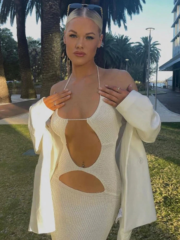 Knitted Halter Backless Cutout Bodycon Club Maxi Dress
