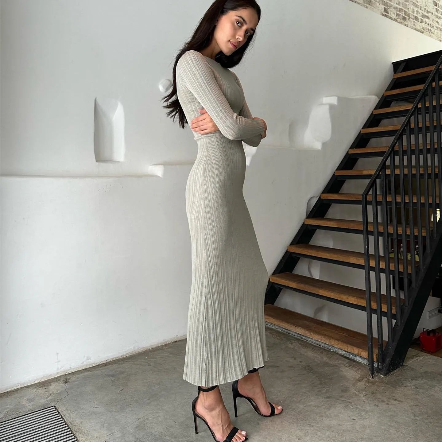Knit High Waist Long Sleeve Casual Mini Dress