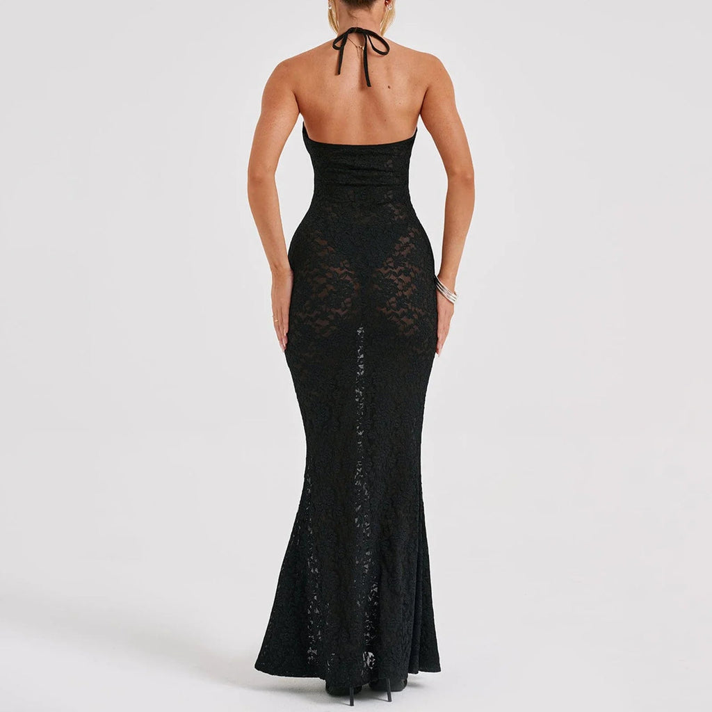 Backless Black Spaghetti Strap Club Maxi Dress