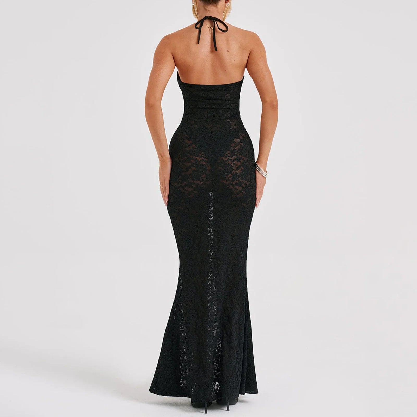 Backless Black Spaghetti Strap Club Maxi Dress