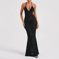 Backless Black Spaghetti Strap Club Maxi Dress
