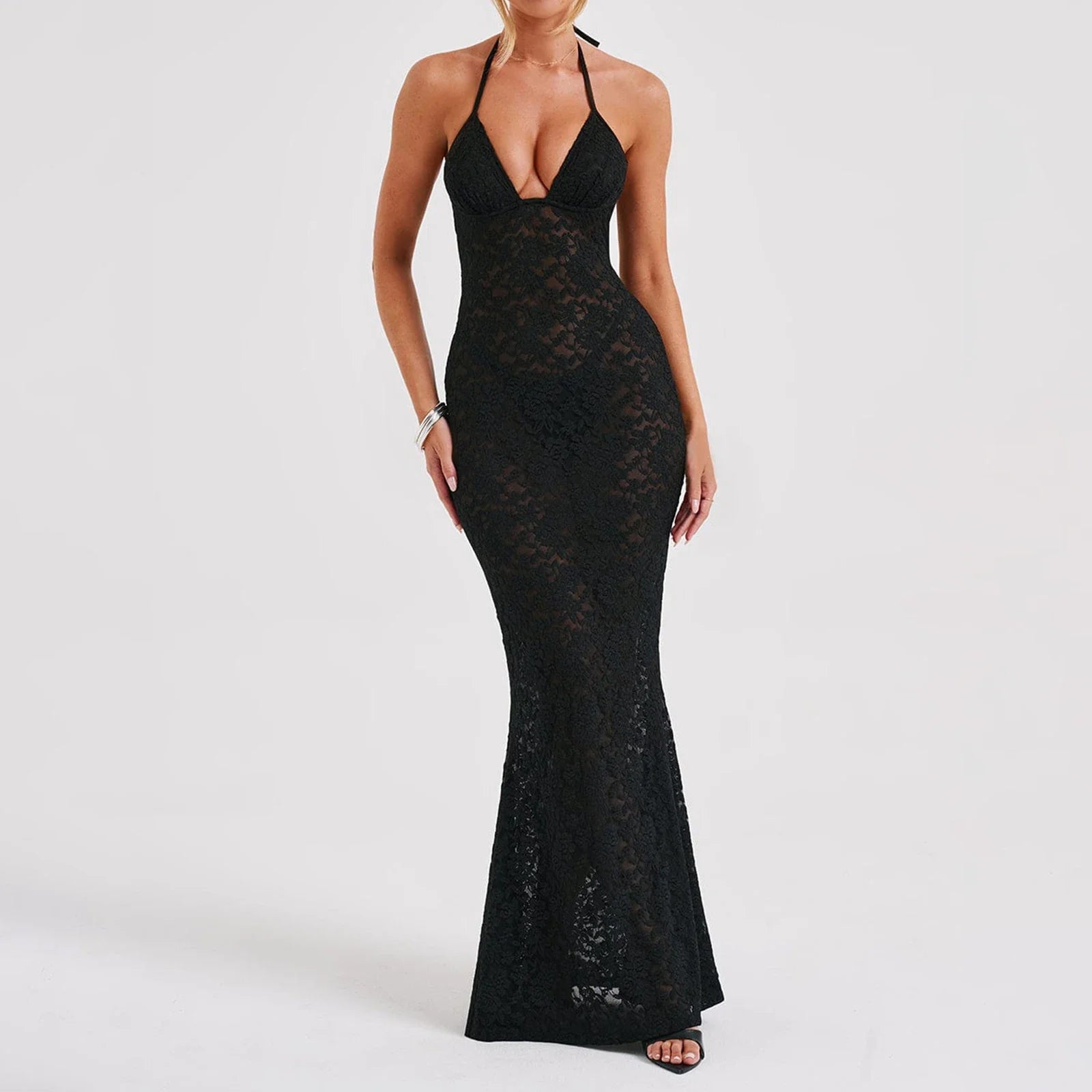 Backless Black Spaghetti Strap Club Maxi Dress
