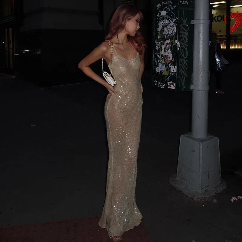 Sheer Mesh Diamonds Slit Long Sleeve Maxi Dress