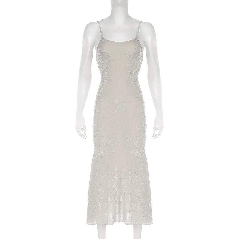 Sheer Mesh Diamonds Slit Long Sleeve Maxi Dress