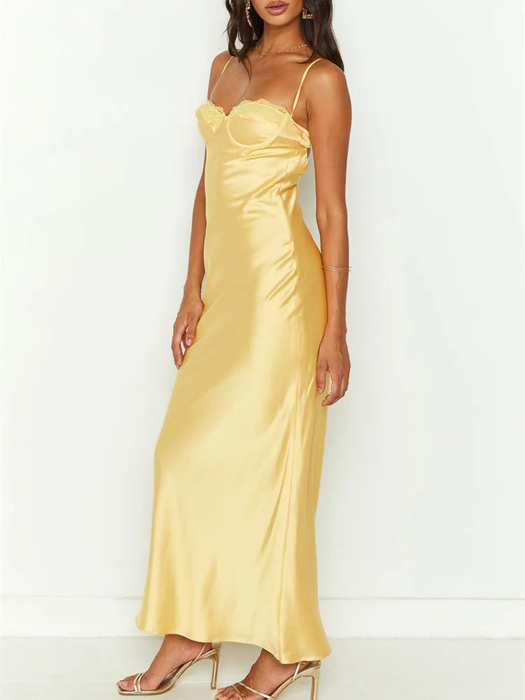Spaghetti Strap Bodycon Slim Sleeveless Backless Lace Maxi Dress