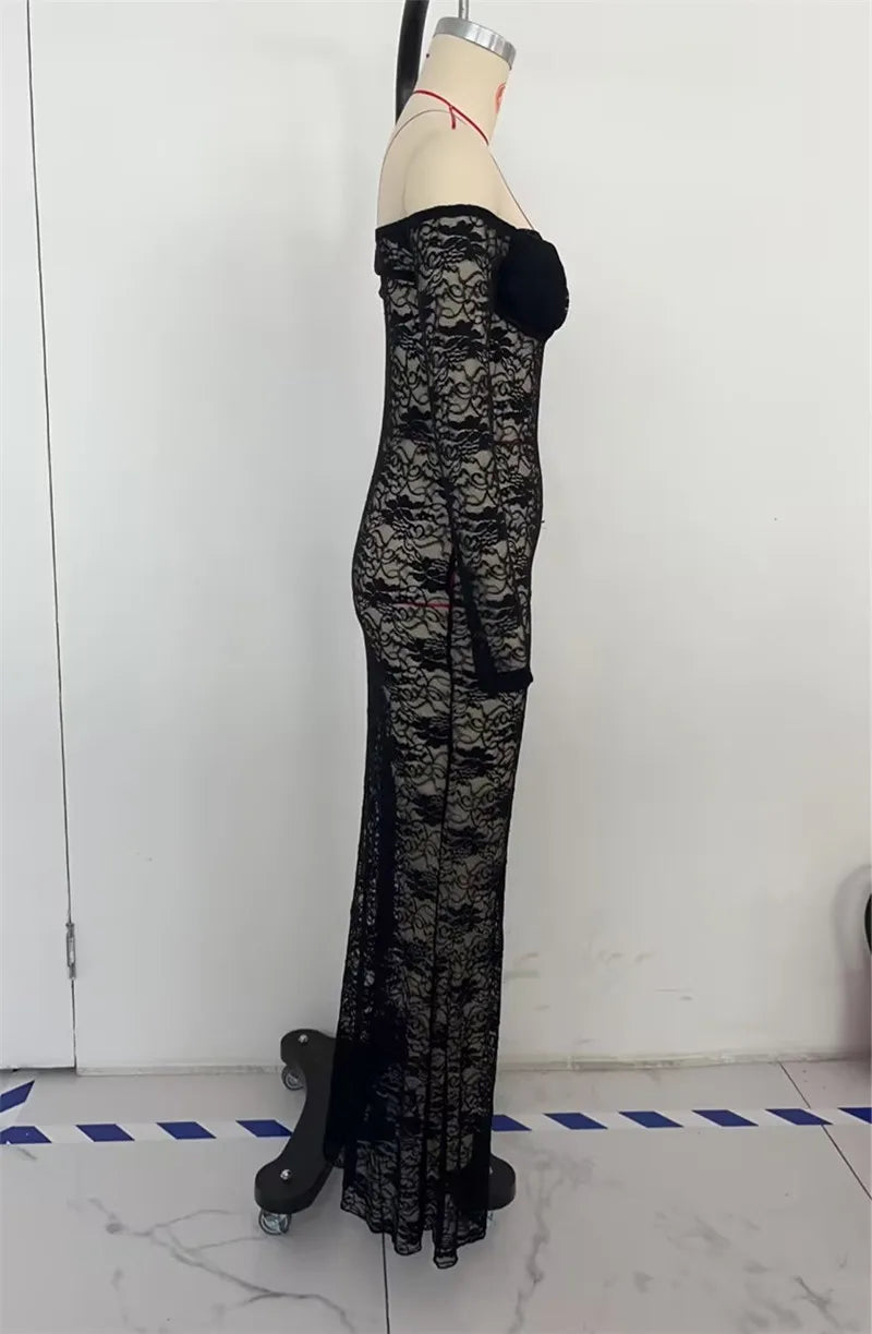 Sheer Lace Floral Off Shoulder Long Sleeve Maxi Dress