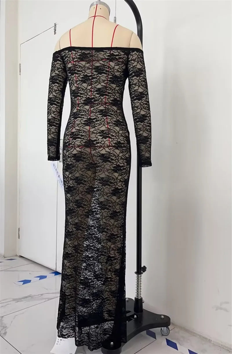 Sheer Lace Floral Off Shoulder Long Sleeve Maxi Dress