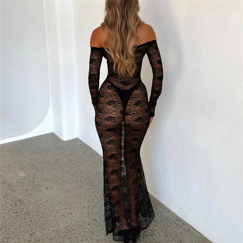 Sheer Lace Floral Off Shoulder Long Sleeve Maxi Dress