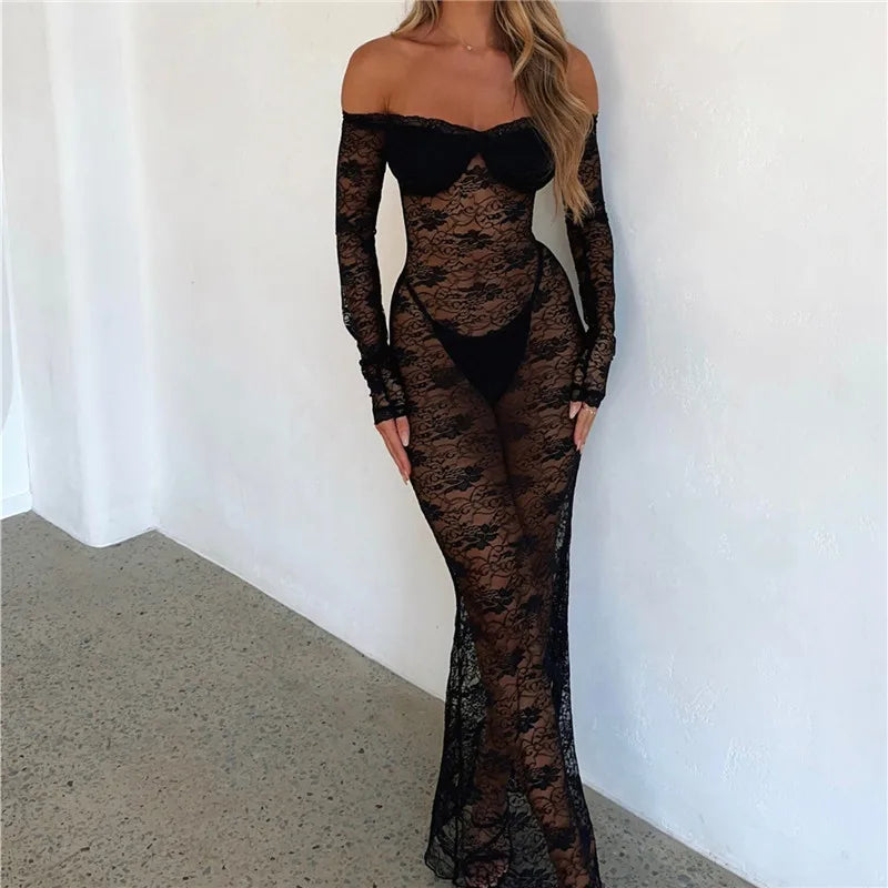 Sheer Lace Floral Off Shoulder Long Sleeve Maxi Dress